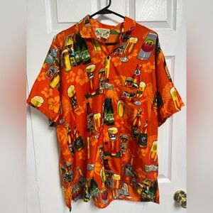 Retro Hawaiian Shirt Orange Beer & Tiki Print Vacation Party Button Up Men’s XL